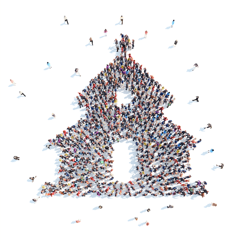 Large group of people in the form of the church. Flashmob, isolated, white background.