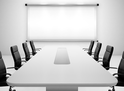 3D render of meeting room with projection screen and conference table